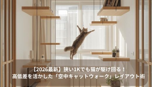 【2026最新】狭い1Kでも猫が駆け回る！高低差を活かした「空中キャットウォーク」レイアウト術